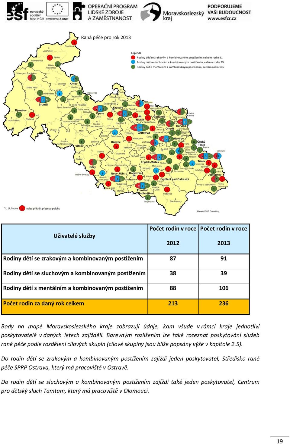 letech zajížděli. Barevným rozlišením lze také rozeznat poskytování služeb rané péče podle rozdělení cílových skupin (cílové skupiny jsou blíže popsány výše v kapitole 2.5).