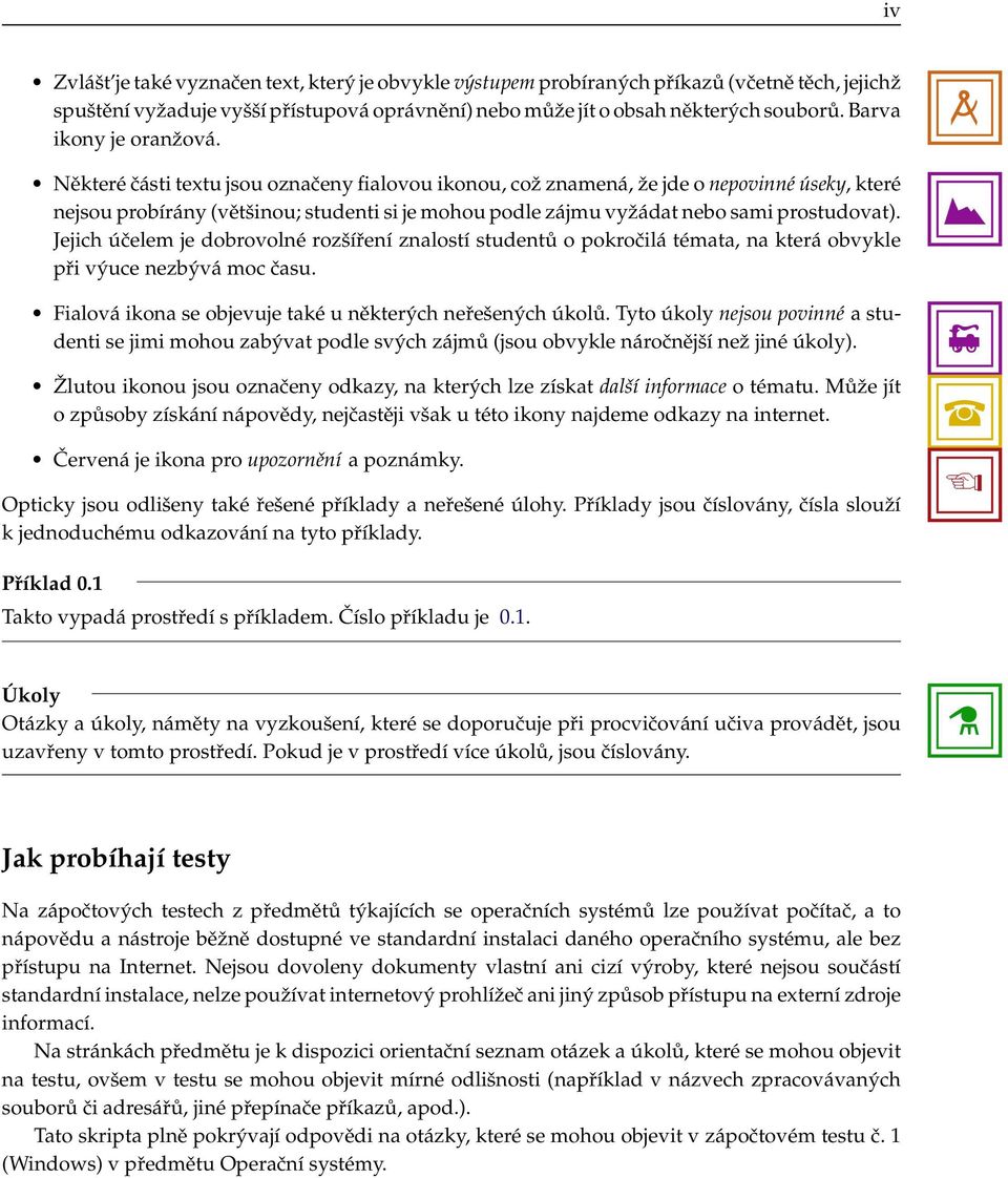 Některé části textu jsou označeny fialovou ikonou, což znamená, že jde o nepovinné úseky, které nejsou probírány (většinou; studenti si je mohou podle zájmu vyžádat nebo sami prostudovat).