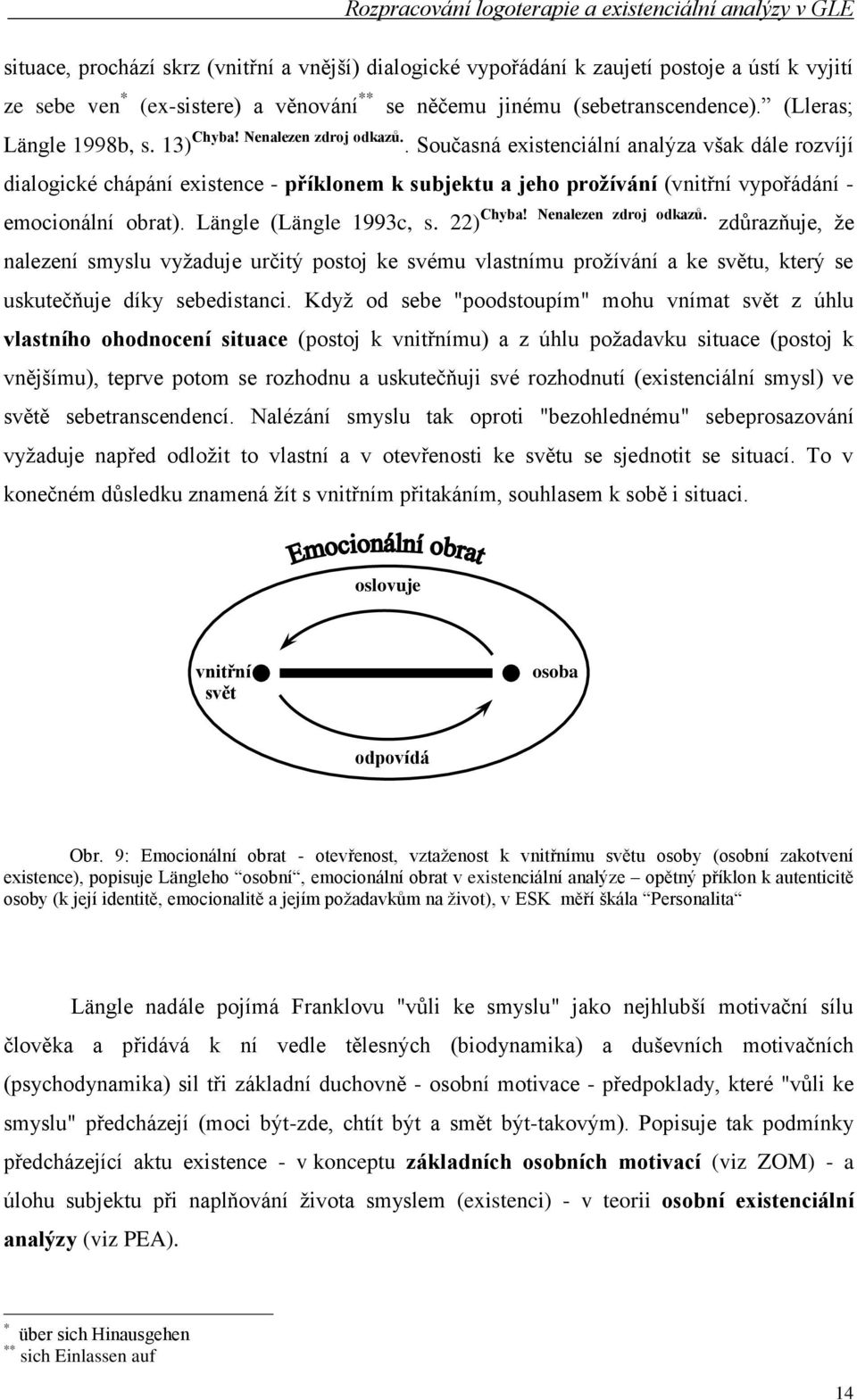 . Současná existenciální analýza však dále rozvíjí dialogické chápání existence - příklonem k subjektu a jeho proţívání (vnitřní vypořádání - Chyba! Nenalezen zdroj odkazů. emocionální obrat).