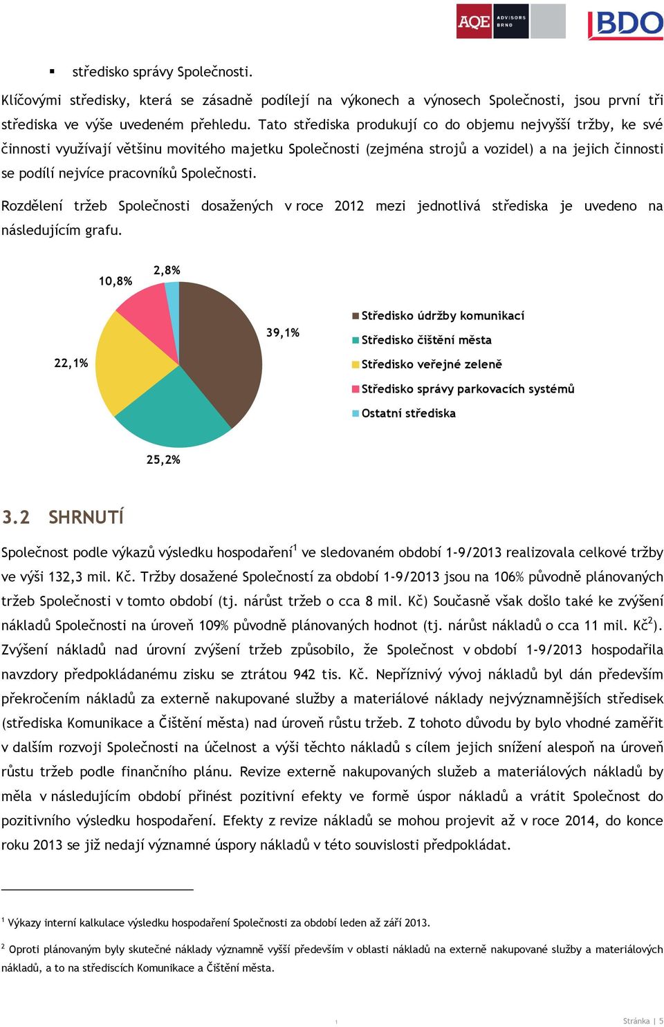 Společnosti. Rozdělení tržeb Společnosti dosažených v roce 2012 mezi jednotlivá střediska je uvedeno na následujícím grafu.