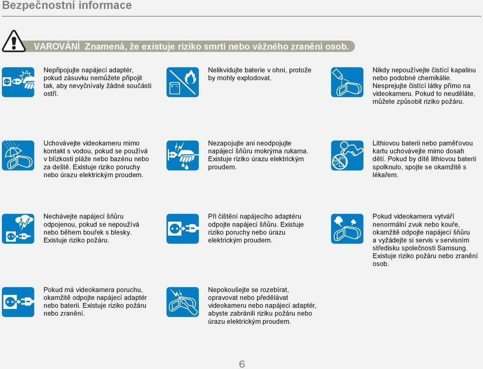 Pokud to neuděláte, můžete způsobit riziko požáru. Uchovávejte videokameru mimo kontakt s vodou, pokud se používá v blízkosti pláže nebo bazénu nebo za deště.