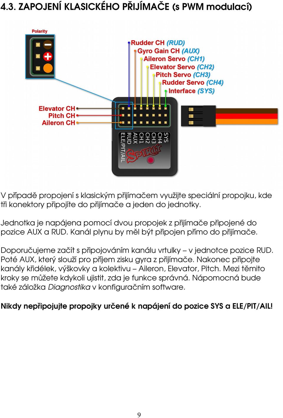 Doporučujeme začít s připojováním kanálu vrtulky v jednotce pozice RUD. Poté AUX, který slouží pro příjem zisku gyra z přijímače.