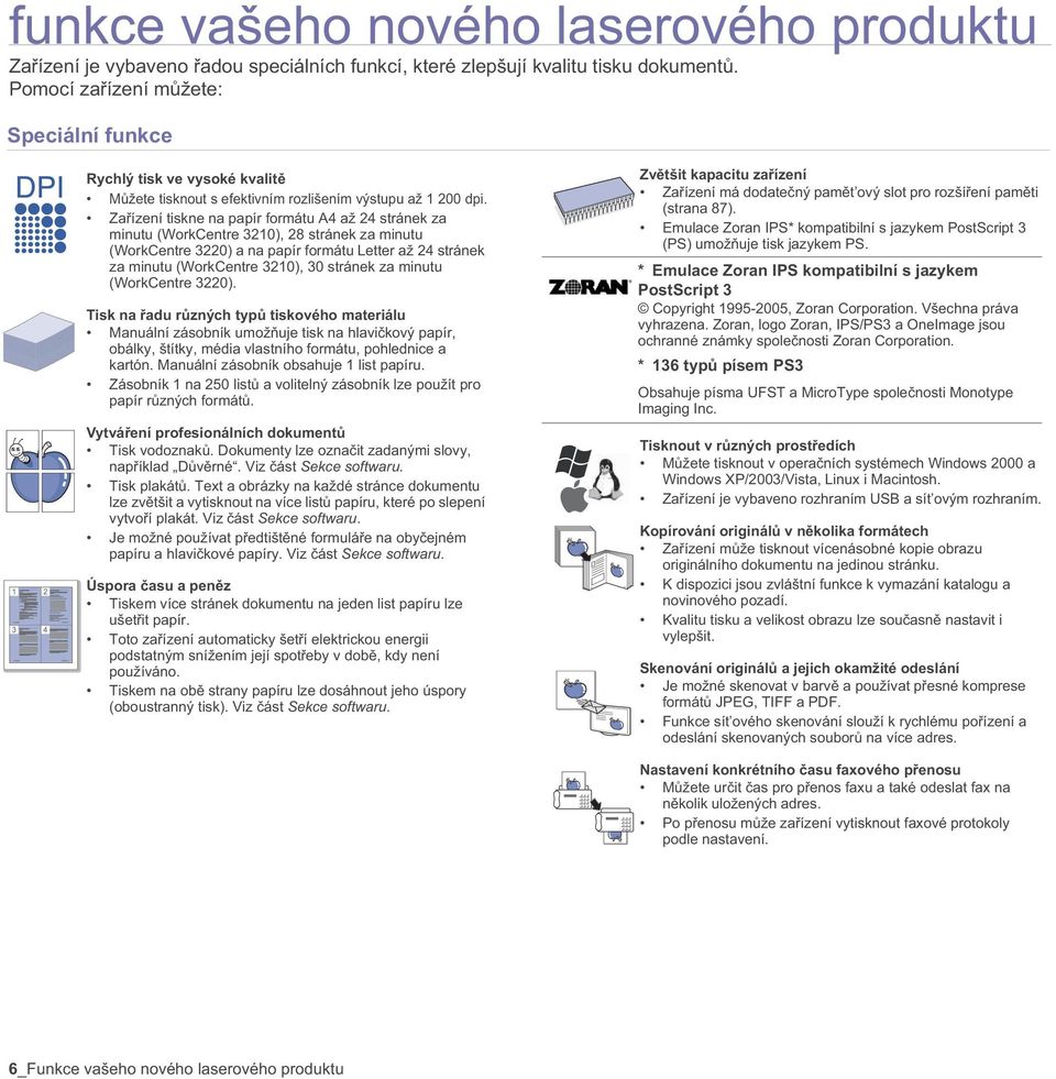 Za ízení tiskne na papír formátu A4 až 24 stránek za minutu (WorkCentre 3210), 28 stránek za minutu (WorkCentre 3220) a na papír formátu Letter až 24 stránek za minutu (WorkCentre 3210), 30 stránek