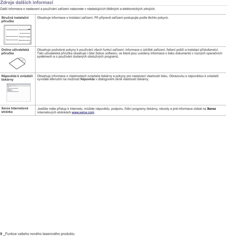 Online uživatelská p íru ka Obsahuje podrobné pokyny k používání všech funkcí za ízení, informace o údržb za ízení, ešení potíží a instalaci p íslušenství.