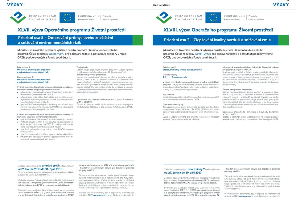 České republiky XLVII. výzvu pro podávání žádostí o poskytnutí podpory v rámci OPŽP, podporovaných z Fondu soudržnosti.