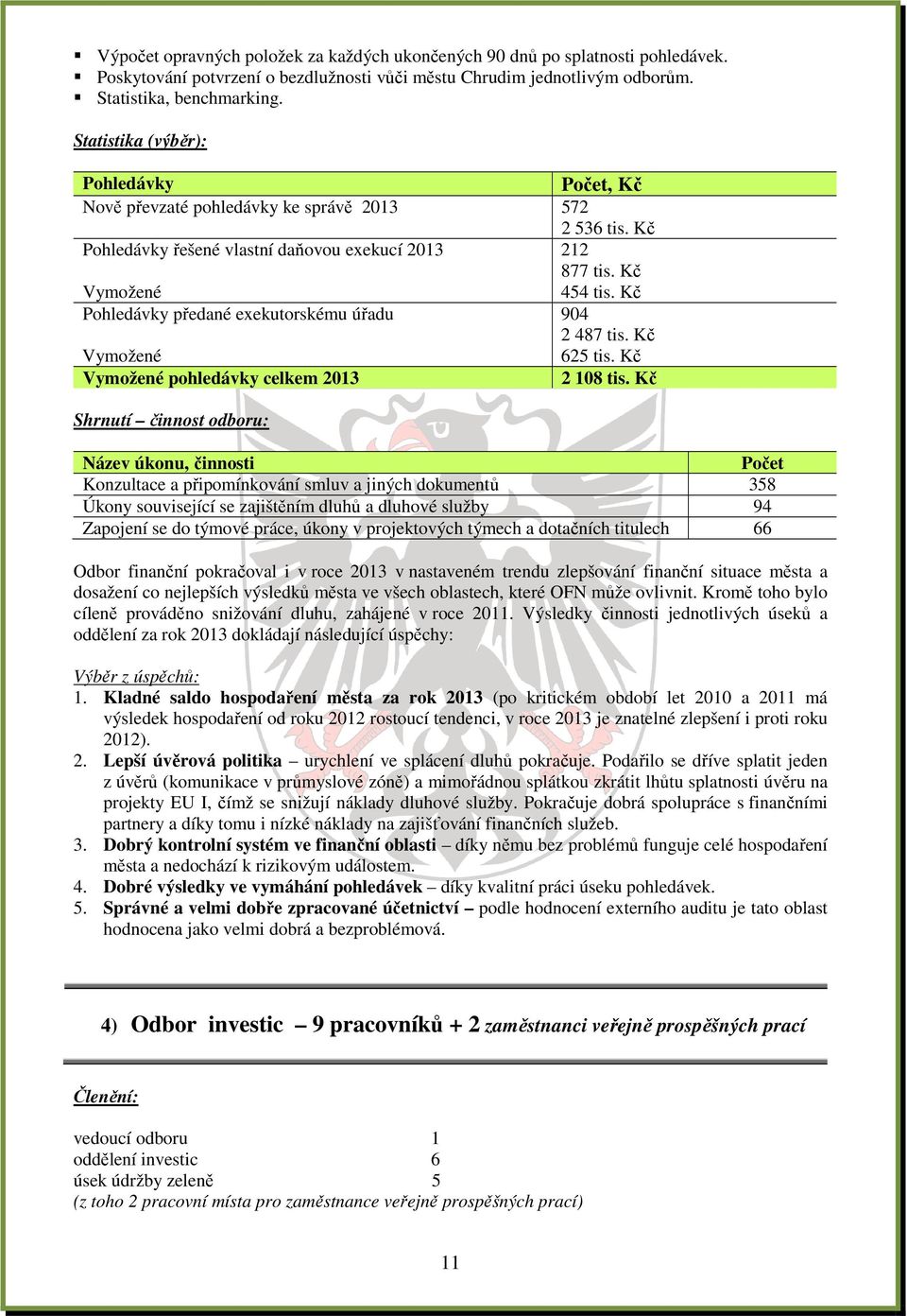 Kč Pohledávky předané exekutorskému úřadu 904 2 487 tis. Kč Vymožené 625 tis. Kč Vymožené pohledávky celkem 2013 2 108 tis.