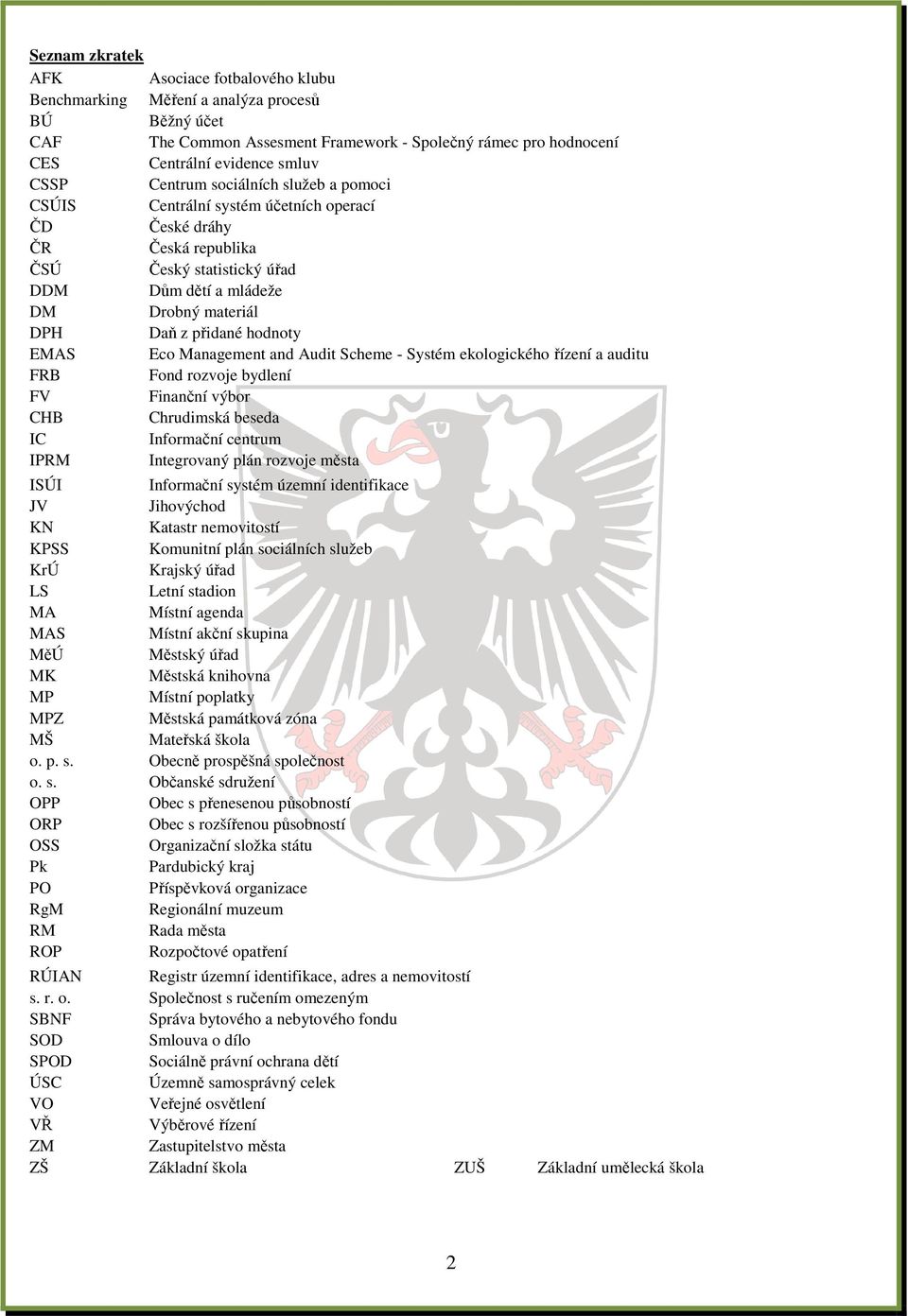 hodnoty EMAS Eco Management and Audit Scheme - Systém ekologického řízení a auditu FRB Fond rozvoje bydlení FV Finanční výbor CHB Chrudimská beseda IC Informační centrum IPRM Integrovaný plán rozvoje