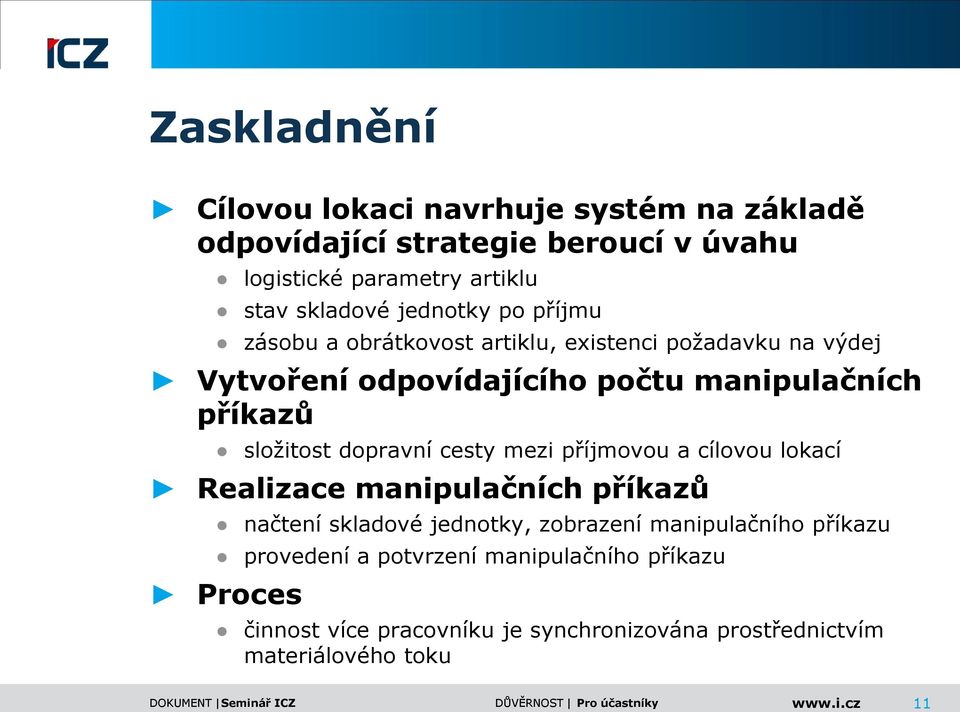 složitost dopravní cesty mezi příjmovou a cílovou lokací Realizace manipulačních příkazů načtení skladové jednotky, zobrazení