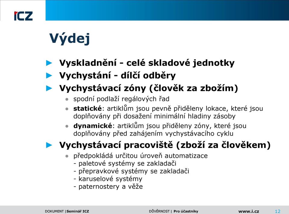 přiděleny zóny, které jsou doplňovány před zahájením vychystávacího cyklu Vychystávací pracoviště (zboží za člověkem) předpokládá