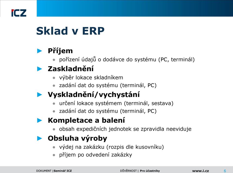 (terminál, sestava) zadání dat do systému (terminál, PC) Kompletace a balení obsah expedičních