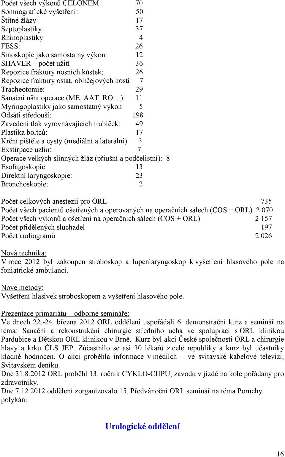 vyrovnávajících trubiček: 49 Plastika boltců: 17 Krční píštěle a cysty (mediální a laterální): 3 Exstirpace uzlin: 7 Operace velkých slinných žláz (příušní a podčelistní): 8 Esofagoskopie: 13