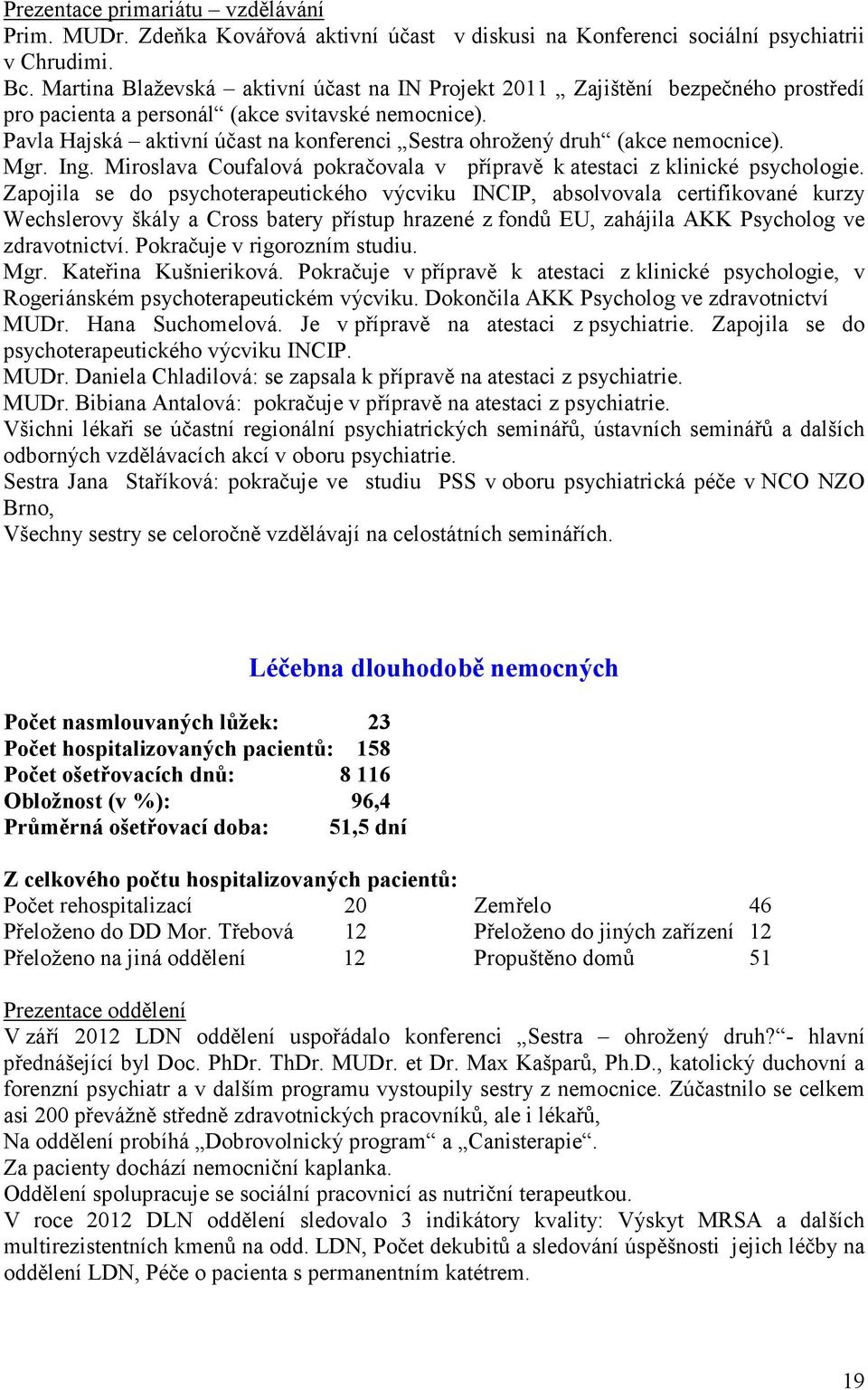 Pavla Hajská aktivní účast na konferenci Sestra ohrožený druh (akce nemocnice). Mgr. Ing. Miroslava Coufalová pokračovala v přípravě k atestaci z klinické psychologie.