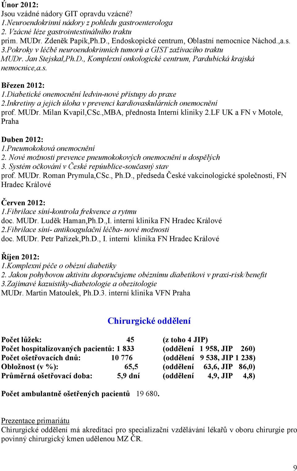 s. Březen 2012: 1.Diabetické onemocnění ledvin-nové přístupy do praxe 2.Inkretiny a jejich úloha v prevenci kardiovaskulárních onemocnění prof. MUDr. Milan Kvapil,CSc.