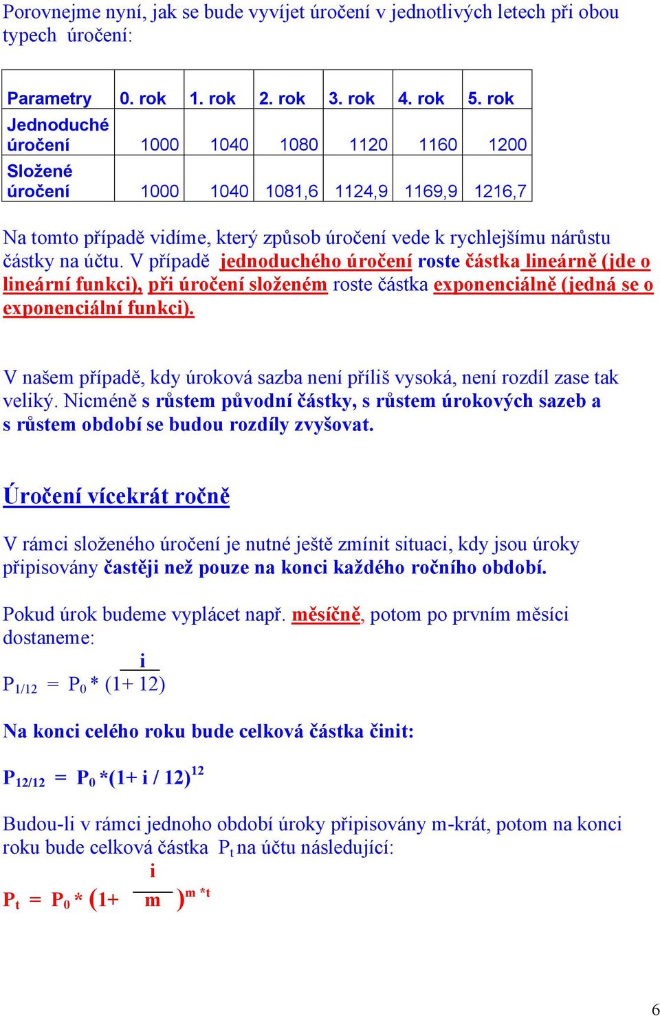 V případě jednoduchého úročení roste částka lneárně (jde o lneární funkc), př úročení složeném roste částka exponencálně (jedná se o exponencální funkc).