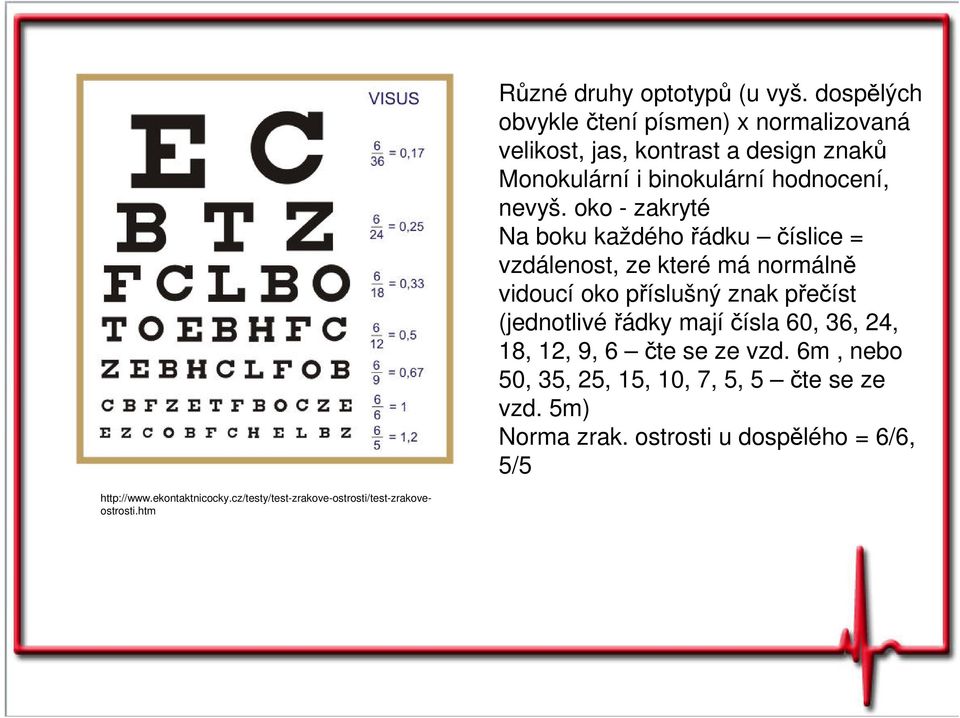 oko - zakryté Na boku každého řádku číslice = vzdálenost, ze které má normálně vidoucí oko příslušný znak přečíst (jednotlivé řádky