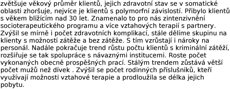 Zvýšil se mírně i počet zdravotních komplikací, stále dělíme skupinu na klienty s možností zátěže a bez zátěže. S tím vzrůstají i nároky na personál.