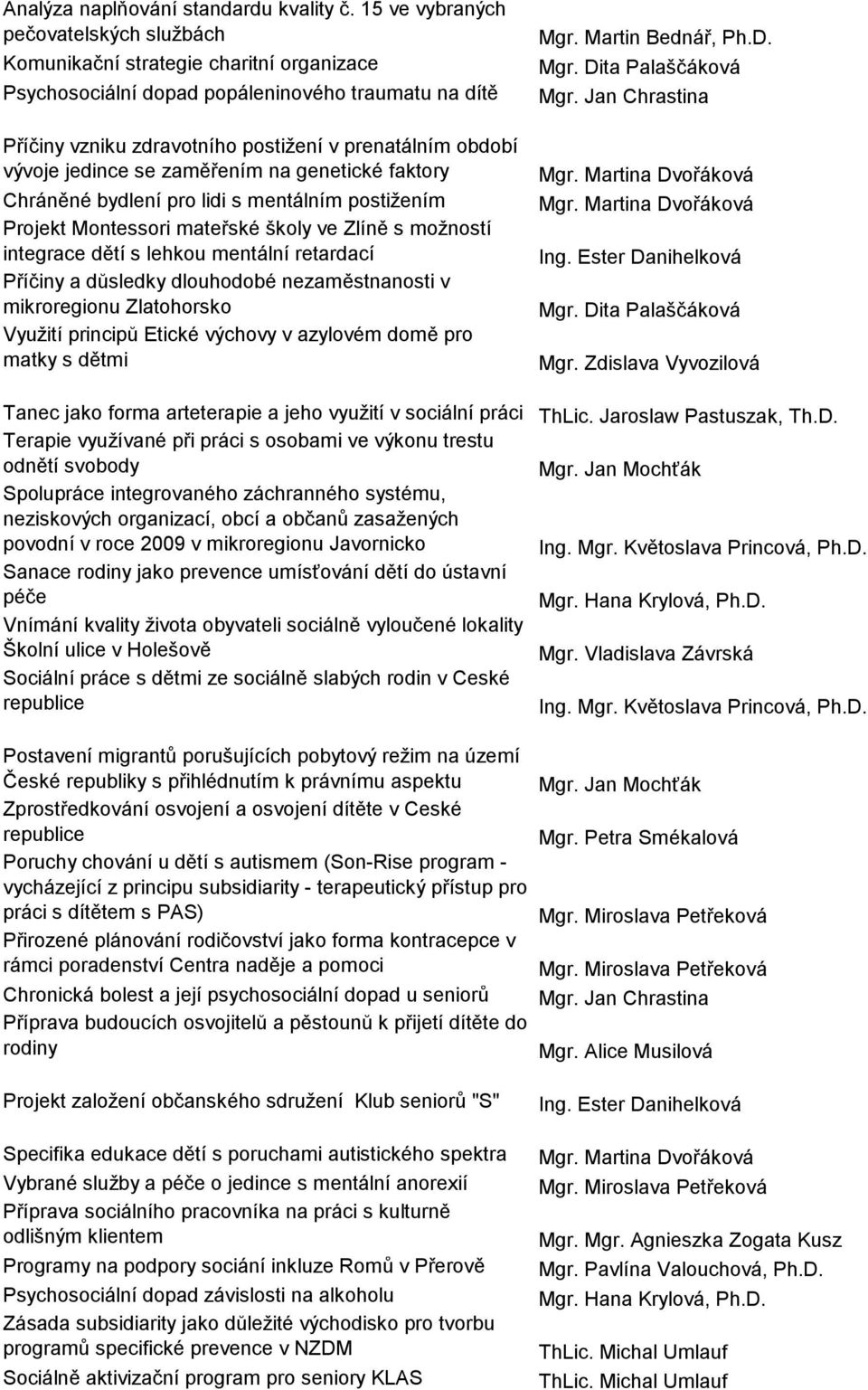 jedince se zaměřením na genetické faktory Chráněné bydlení pro lidi s mentálním postiţením Projekt Montessori mateřské školy ve Zlíně s moţností integrace dětí s lehkou mentální retardací Příčiny a