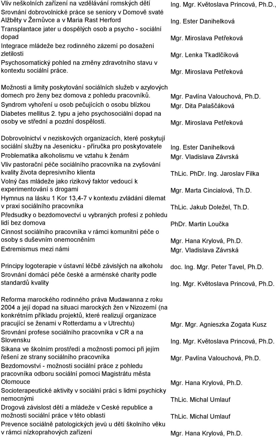 Lenka Tkadlčíková Moţnosti a limity poskytování sociálních sluţeb v azylových domech pro ţeny bez domova z pohledu pracovníků. Syndrom vyhoření u osob pečujících o osobu blízkou Diabetes mellitus 2.