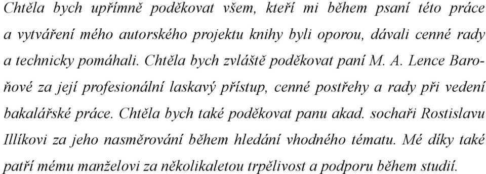 Lence Baroňové za její profesionální laskavý přístup, cenné postřehy a rady při vedení bakalářské práce.