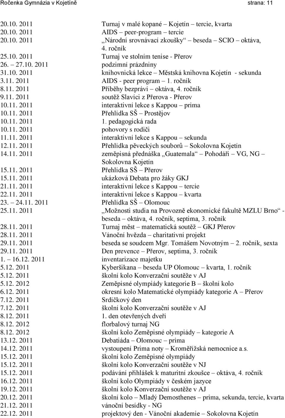 ročník 9.11. 2011 soutěž Slavíci z Přerova - Přerov 10.11. 2011 interaktivní lekce s Kappou prima 10.11. 2011 Přehlídka SŠ Prostějov 10.11. 2011 1. pedagogická rada 10.11. 2011 pohovory s rodiči 11.