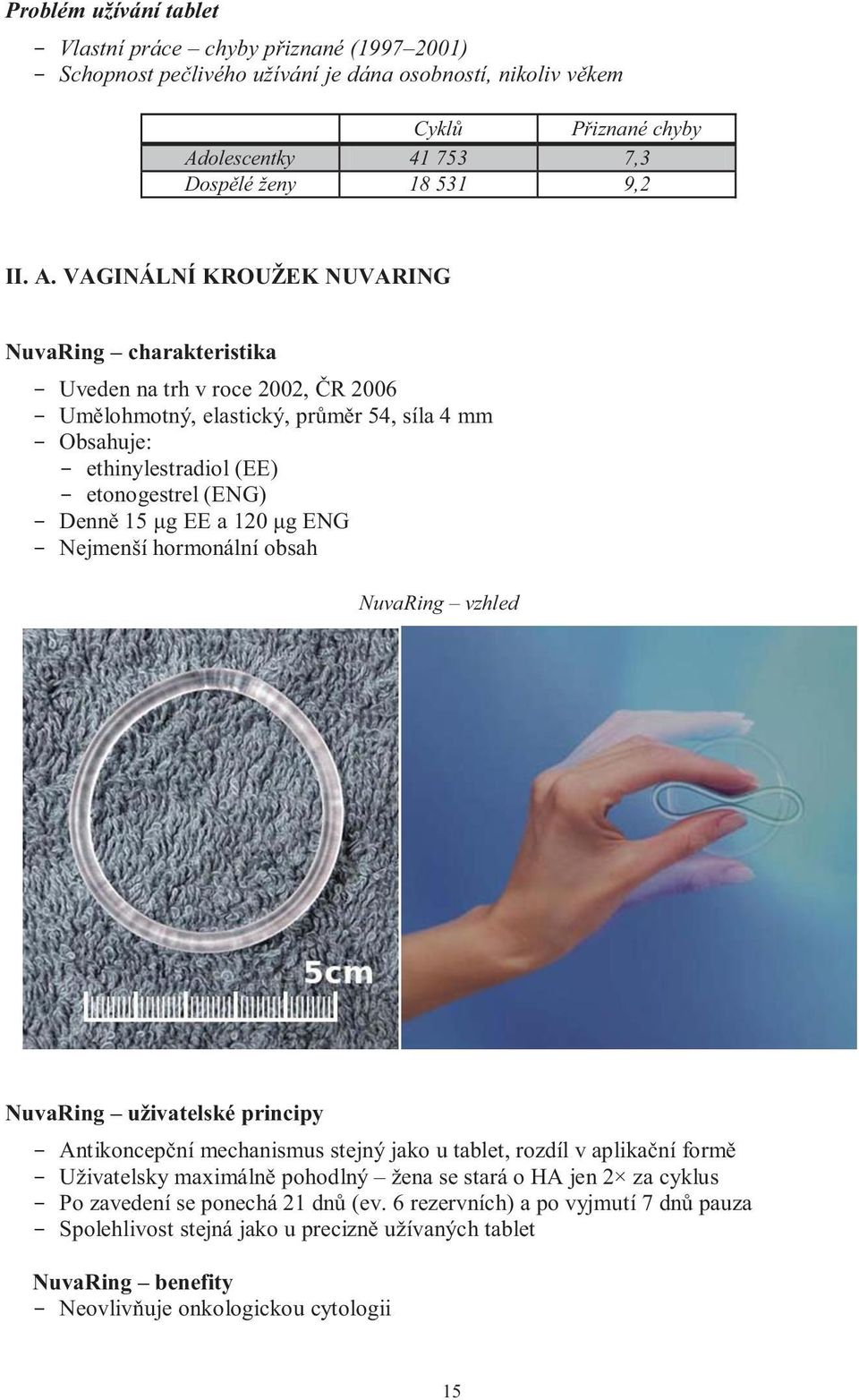 VAGINÁLNÍ KROUŽEK NUVARING NuvaRing charakteristika - Uveden na trh v roce 2002, ČR 2006 - Umělohmotný, elastický, průměr 54, síla 4 mm - Obsahuje: - ethinylestradiol (EE) - etonogestrel (ENG) -