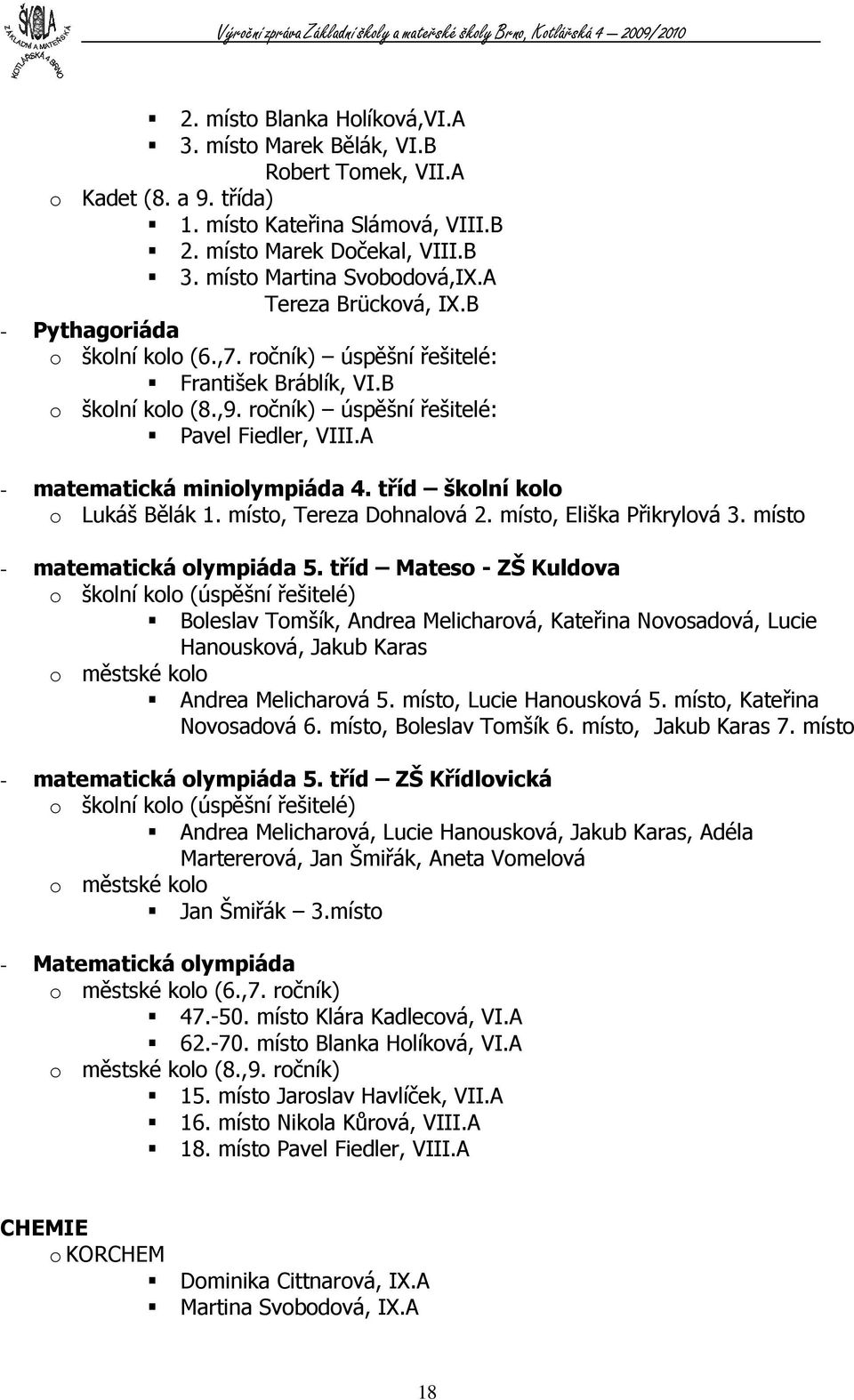 A - matematická miniolympiáda 4. tříd školní kolo o Lukáš Bělák. místo, Tereza Dohnalová 2. místo, Eliška Přikrylová 3. místo - matematická olympiáda 5.