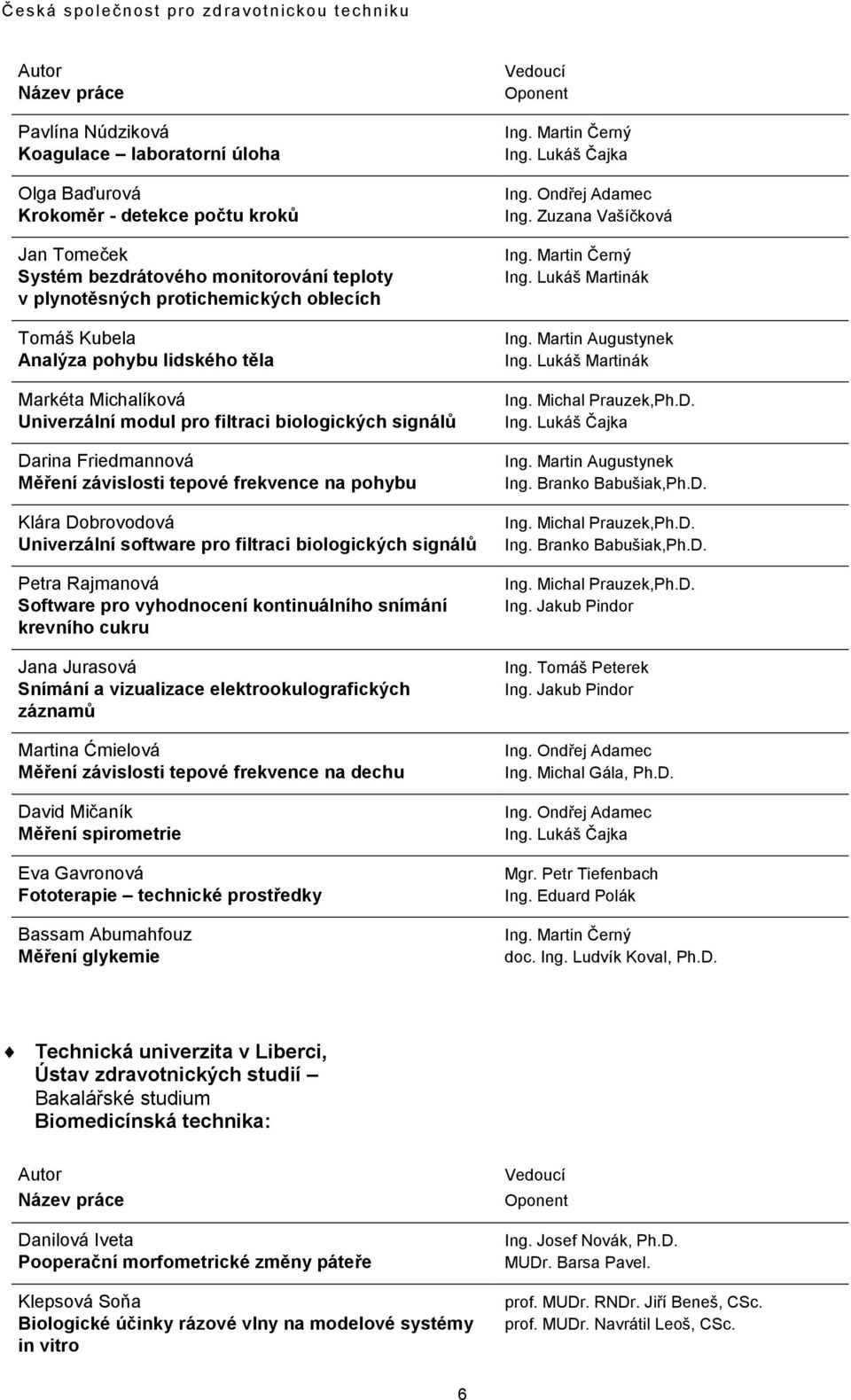 software pro filtraci biologických signálů Petra Rajmanová Software pro vyhodnocení kontinuálního snímání krevního cukru Jana Jurasová Snímání a vizualizace elektrookulografických záznamů Martina