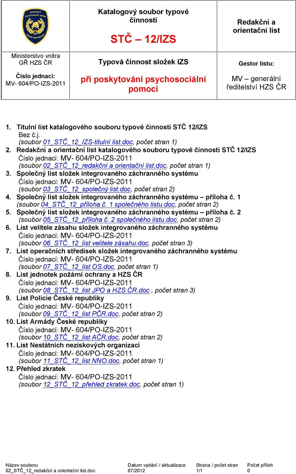 Redakční a orientační list katalogového souboru typové STČ 12/IZS MV- 604/PO-IZS-2011 (soubor 02_STČ_12_redakční a orientační list.doc, počet stran 1) 3.