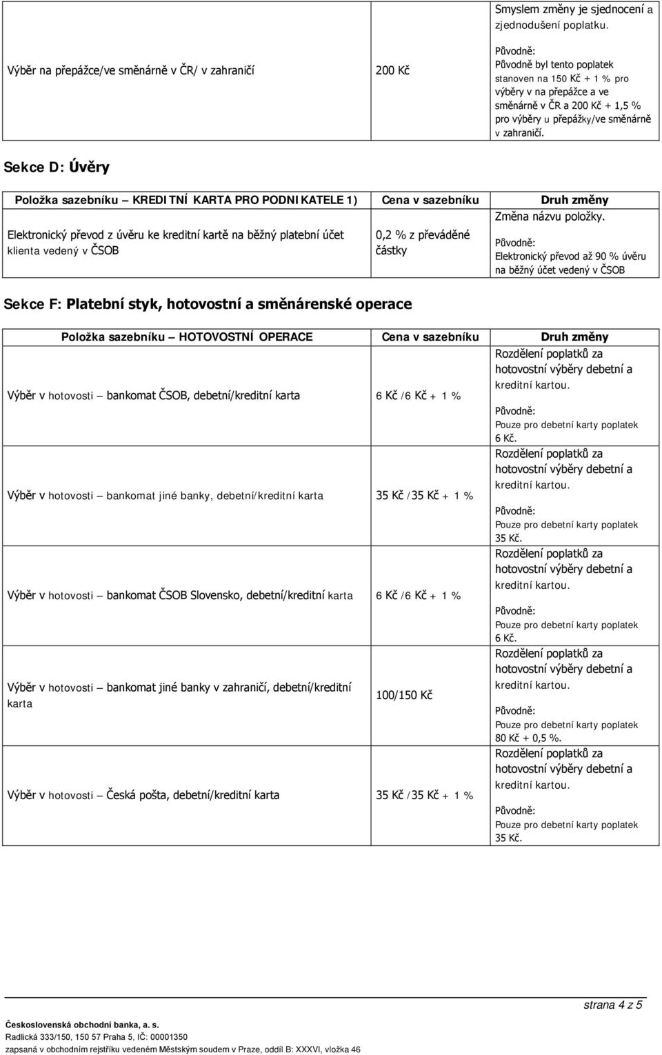 Elektronický převod z úvěru ke kreditní kartě na běžný platební účet klienta vedený v ČSOB 0,2 % z převáděné částky Elektronický převod až 90 % úvěru na běžný účet vedený v ČSOB Sekce F: Platební
