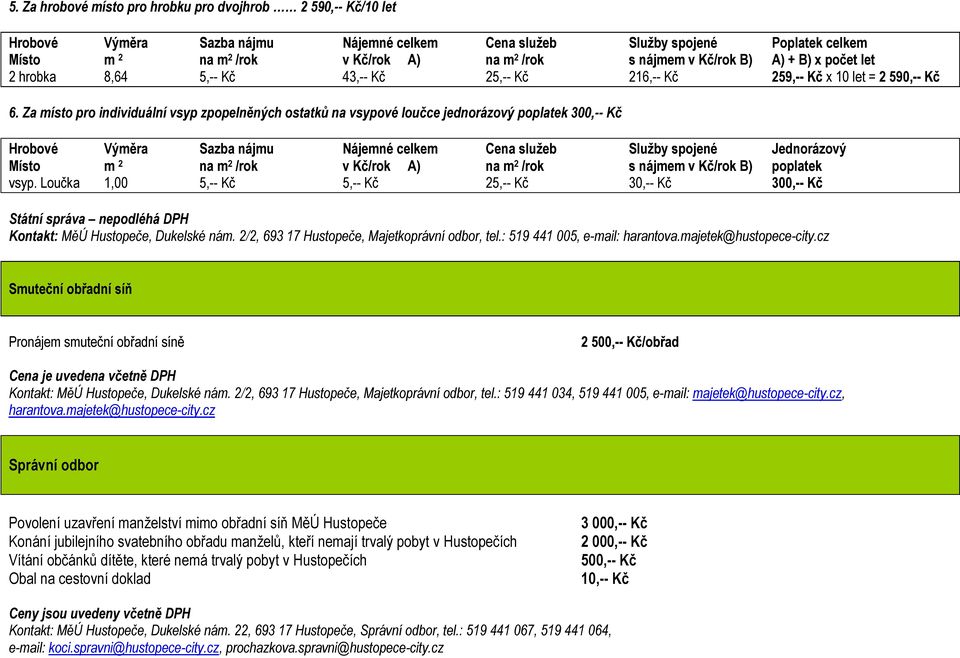 Za místo pro individuální vsyp zpopelněných ostatků na vsypové loučce jednorázový poplatek 300,-- Kč Hrobové Výměra Sazba nájmu Nájemné celkem Cena služeb Služby spojené Jednorázový Místo m 2 na m 2