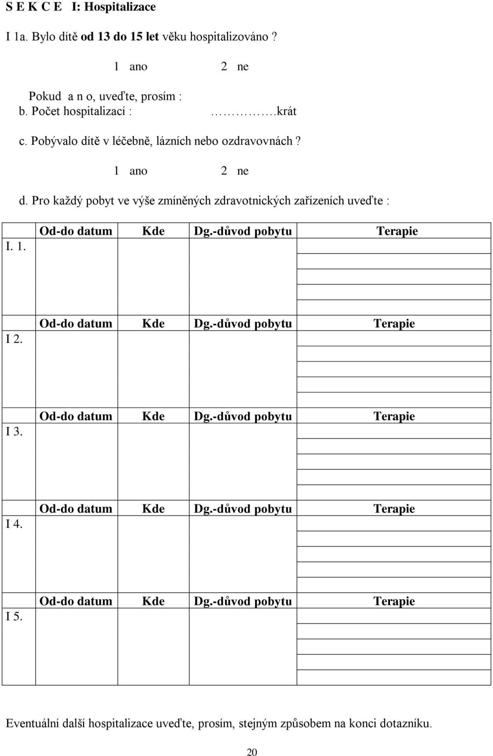 Od-do datum Kde Dg.-důvod pobytu Terapie I 2. Od-do datum Kde Dg.-důvod pobytu Terapie I 3. Od-do datum Kde Dg.-důvod pobytu Terapie I 4.
