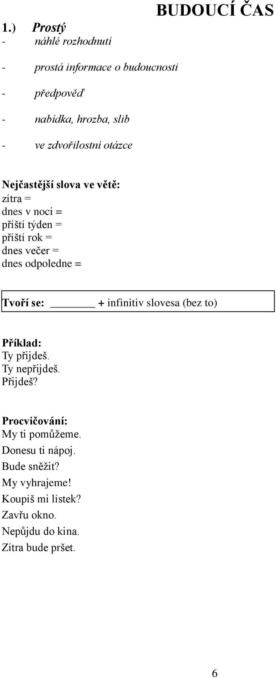 odpoledne = Tvoří se: + infinitiv slovesa (bez to) Příklad: Ty přijdeš. Ty nepřijdeš. Přijdeš?