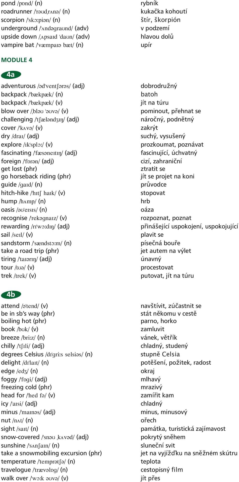 \ (v) dry \drai\ (adj) explore \Ik"splO \ (v) fascinating \"fœs neitin\ (adj) foreign \"får n\ (adj) get lost (phr) go horseback riding (phr) guide \gaid\ (n) hitch-hike \"hits haik\ (v) hump \hømp\