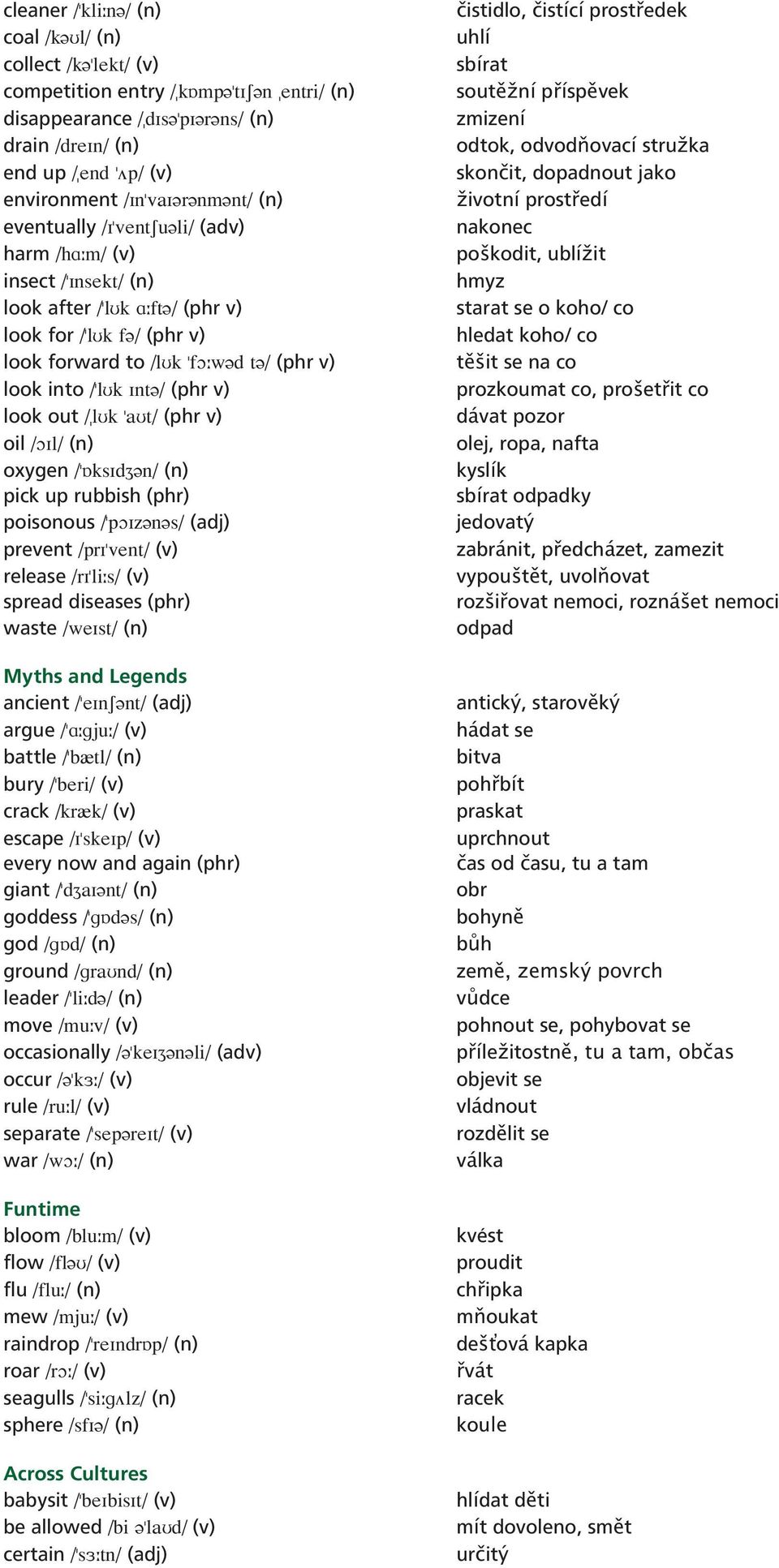 \ (phr v) look out \ÆlUk "aut\ (phr v) oil \OIl\ (n) oxygen \"ÅksIdZ n\ (n) pick up rubbish (phr) poisonous \"poiz n s\ (adj) prevent \pri"vent\ (v) release \ri"li s\ (v) spread diseases (phr) waste