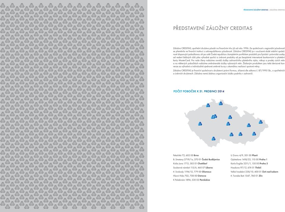 Záložna CREDITAS je v současné době stabilní společností disponující pobočkovou sítí po celé České republice s kompletním portfoliem produktů pro fyzické i právnické osoby od vedení běžných účtů přes