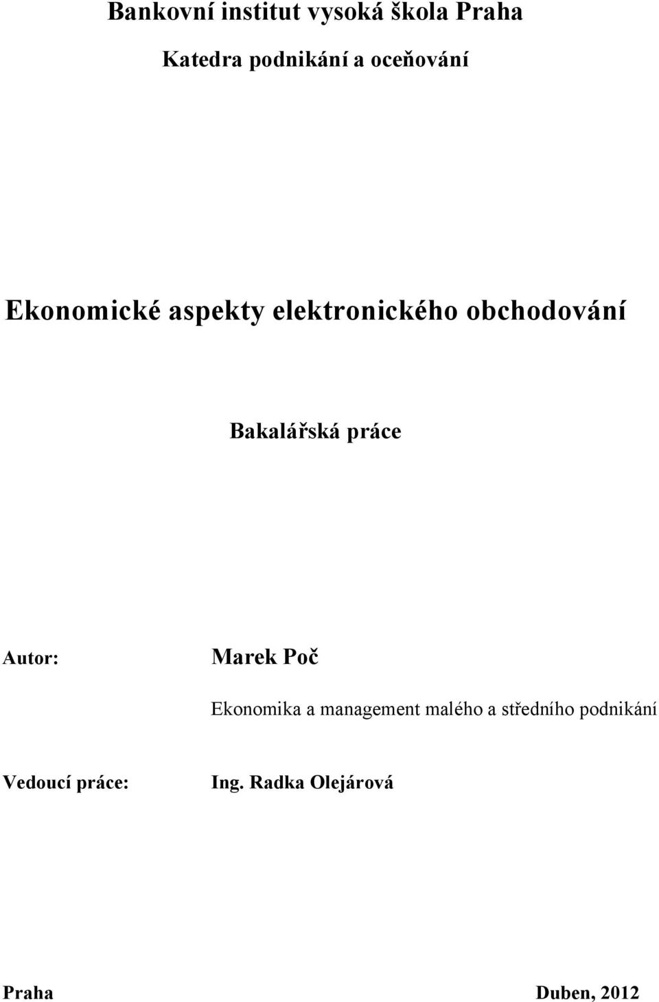 Bakalářská práce Autor: Marek Poč Ekonomika a management