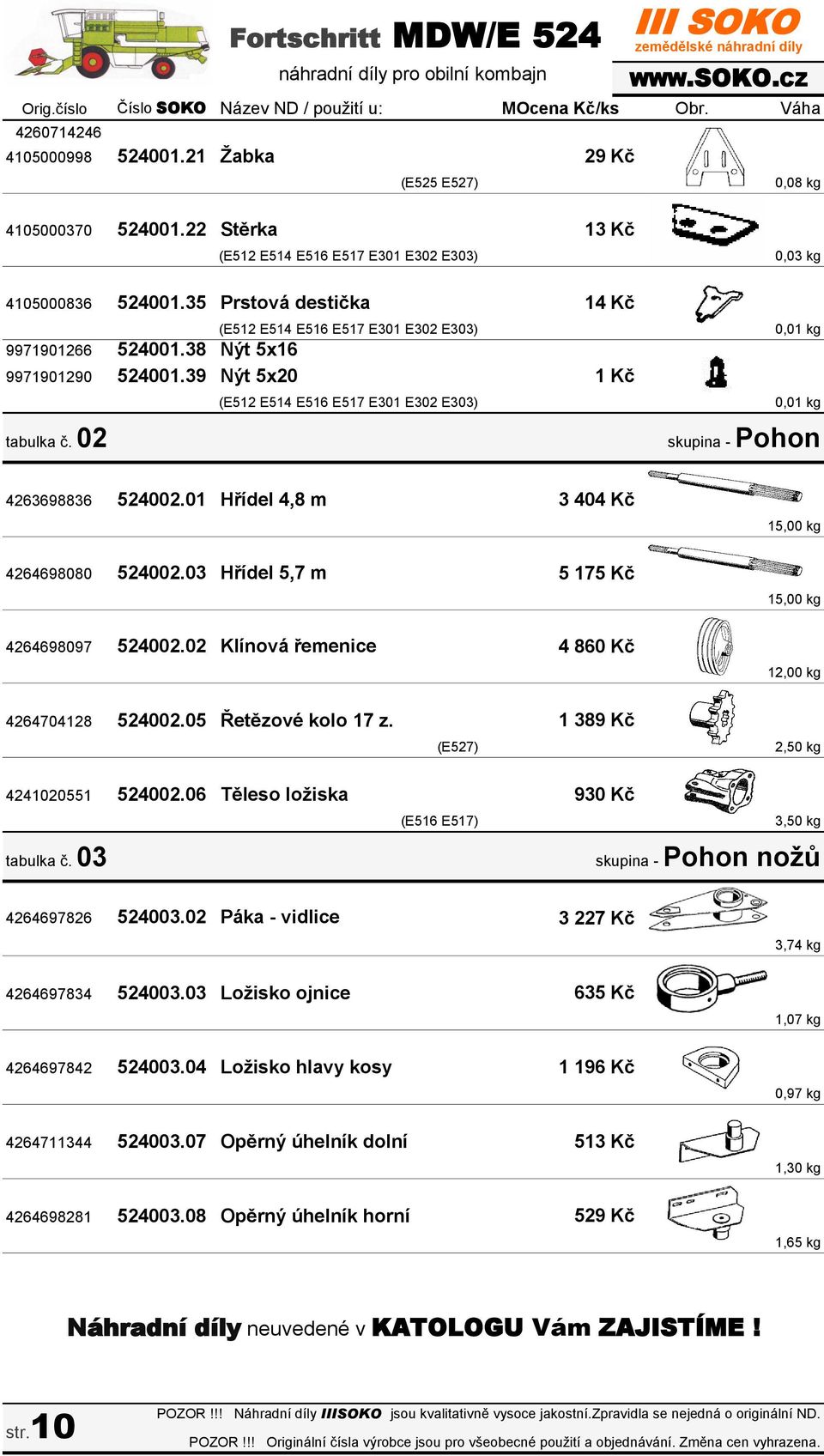 39 Nýt 5x20 1 Kč tabulka č. 02 Fortschritt MDW/E 524 náhradní díly pro obilní kombajn 29 Kč 13 Kč 14 Kč WWW.SOKO.CZ (E512 E514 E516 E517 E301 E302 E303) 0,01 kg skupina - Pohon 4263698836 524002.