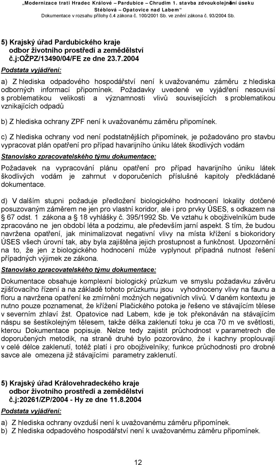 Požadavky uvedené ve vyjádření nesouvisí s problematikou velikosti a významnosti vlivů souvisejících s problematikou vznikajících odpadů b) Z hlediska ochrany ZPF není k uvažovanému záměru připomínek.