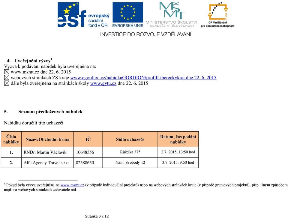 Martin Václavík 10648356 Růžďka 375 2.7. 2015, 13:50 hod 2. Alfa Agency Travel s.r.o. 02588650 Nám. Svobody 12 3.7. 2015, 9:50 hod 1 Pokud byla výzva uveřejněna na www.msmt.