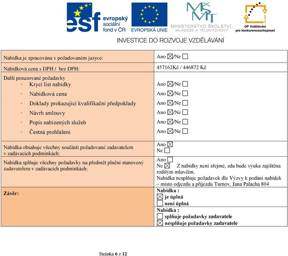 požadavky na předmět plnění stanovený zadavatelem v zadávacích podmínkách: Závěr: Ne Ne Z není zřejmé, zda bude výuka zajištěna rodilým mluvčím.