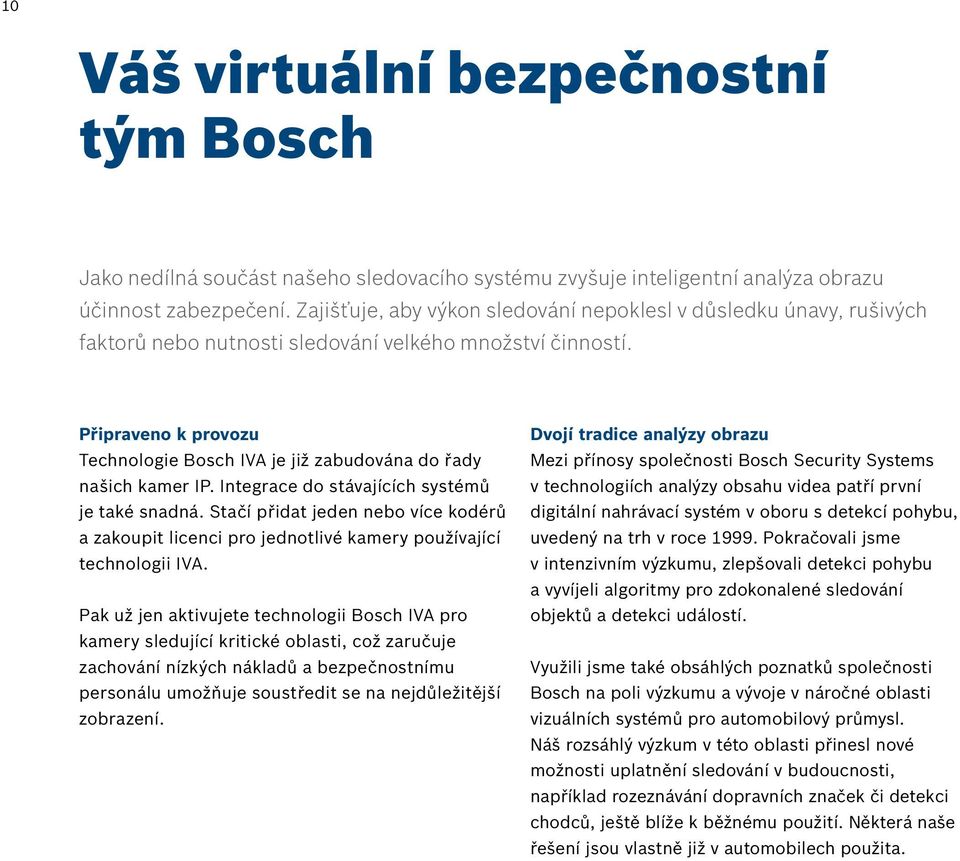 Připraveno k provozu Technologie Bosch IVA je již zabudována do řady našich kamer IP. Integrace do stávajících systémů je také snadná.