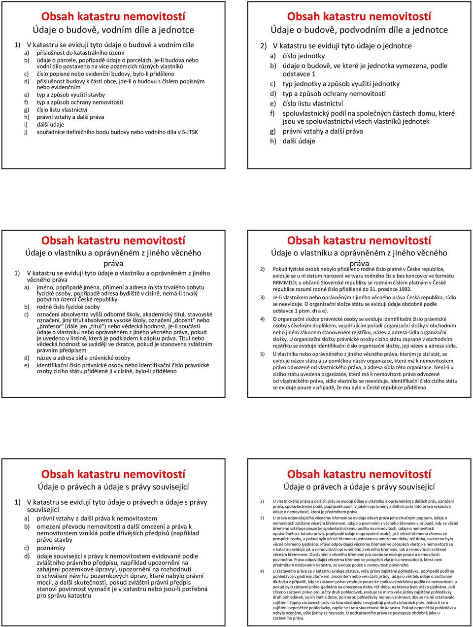 evidenčním e) typ a způsob využití stavby f) typ a způsob ochrany nemovitosti g) číslo listu vlastnictví h) právní vztahy a další práva i) další údaje j) souřadnice definičního bodu budovy nebo