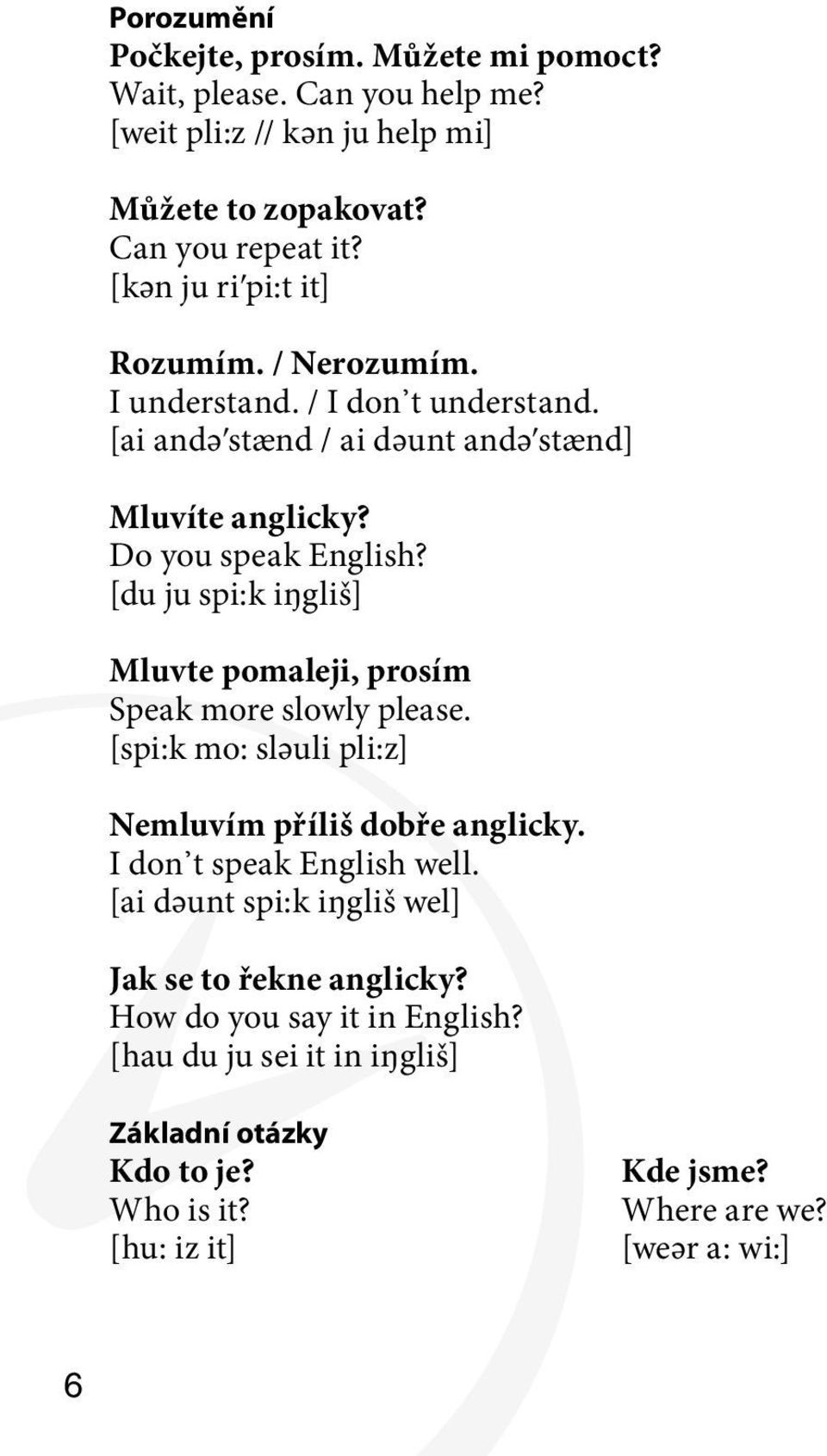 [du ju spi:k iŋgliš] Mluvte pomaleji, prosím Speak more slowly please. [spi:k mo: slәuli pli:z] Nemluvím příliš dobře anglicky. I don t speak English well.