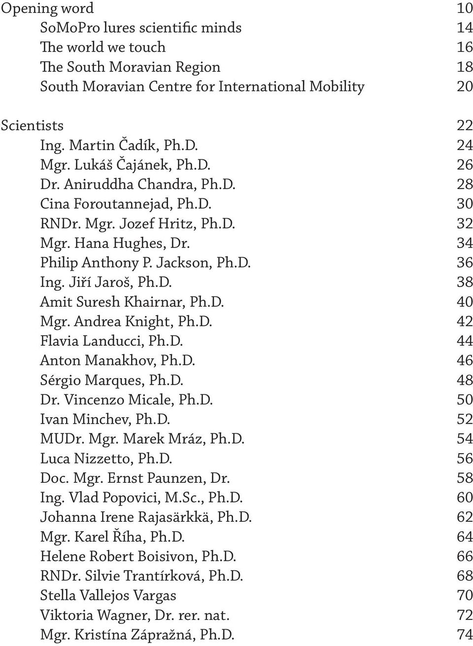 D. 38 Amit Suresh Khairnar, Ph.D. 40 Mgr. Andrea Knight, Ph.D. 42 Flavia Landucci, Ph.D. 44 Anton Manakhov, Ph.D. 46 Sérgio Marques, Ph.D. 48 Dr. Vincenzo Micale, Ph.D. 50 Ivan Minchev, Ph.D. 52 MUDr.