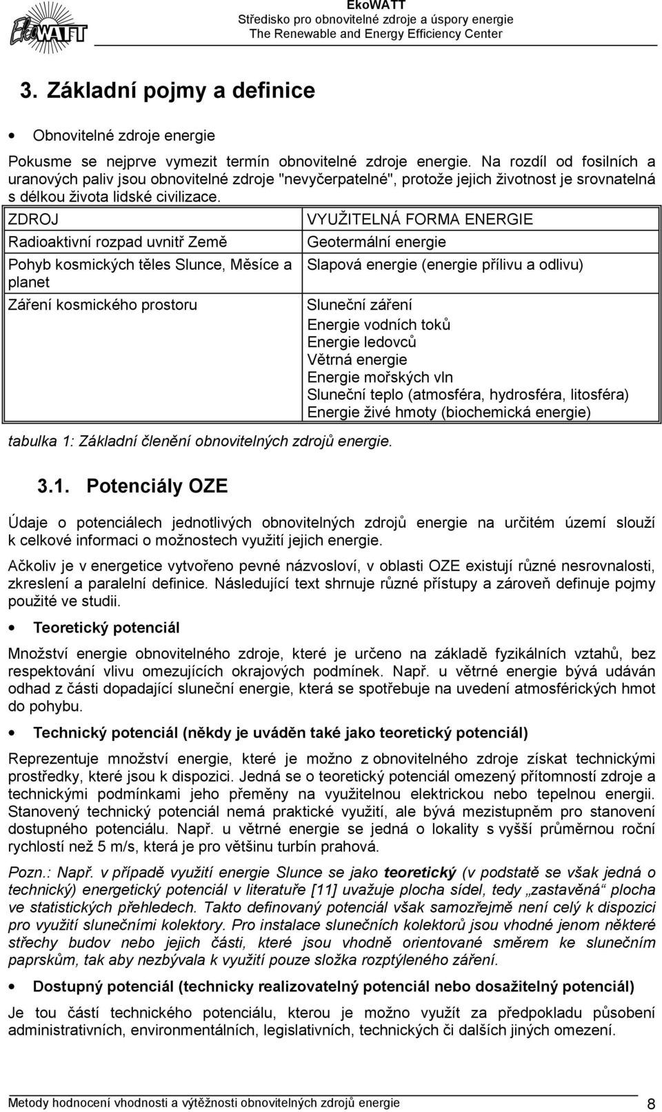 ZDROJ VYUŽITELNÁ FORMA ENERGIE Radioaktivní rozpad uvnitř Země Geotermální energie Pohyb kosmických těles Slunce, Měsíce a planet Záření kosmického prostoru tabulka 1: Základní členění obnovitelných