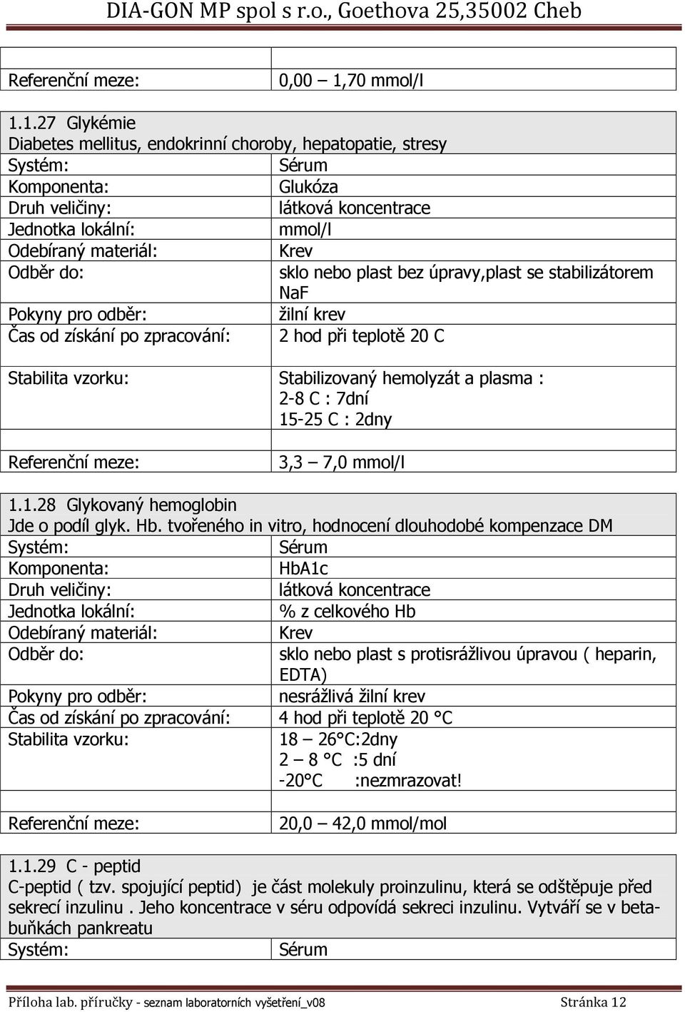 1.27 Glykémie Diabetes mellitus, endokrinní choroby, hepatopatie, stresy Komponenta: Glukóza Jednotka lokální: mmol/l,plast se stabilizátorem NaF Čas od získání po zpracování: 2 hod při teplotě 20 C