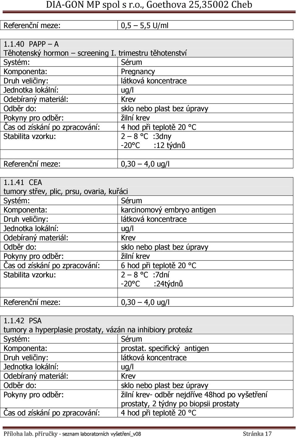 1.41 CEA tumory střev, plic, prsu, ovaria, kuřáci Komponenta: karcinomový embryo antigen Jednotka lokální: ug/l Čas od získání po zpracování: 6 hod při teplotě 20 C