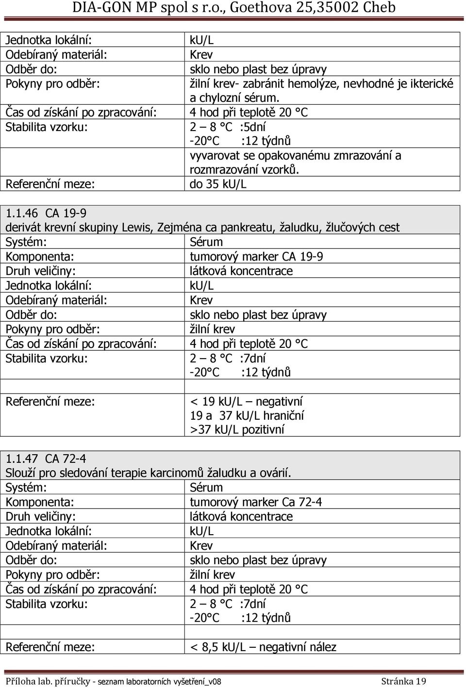 1.46 CA 19-9 derivát krevní skupiny Lewis, Zejména ca pankreatu, žaludku, žlučových cest Komponenta: tumorový marker CA 19-9 Jednotka lokální: ku/l Stabilita vzorku: 2 8