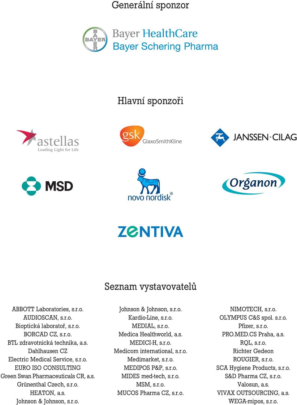 s. MEDICI-H, s.r.o. Medicom international, s.r.o. Medimarket, s.r.o. MEDIPOS P&P, s.r.o. MIDES med-tech, s.r.o. MSM, s.r.o. MUCOS Pharma CZ, s.r.o. NIMOTECH, s.r.o. OLYMPUS C&S spol. s.r.o. Pfizer, s.