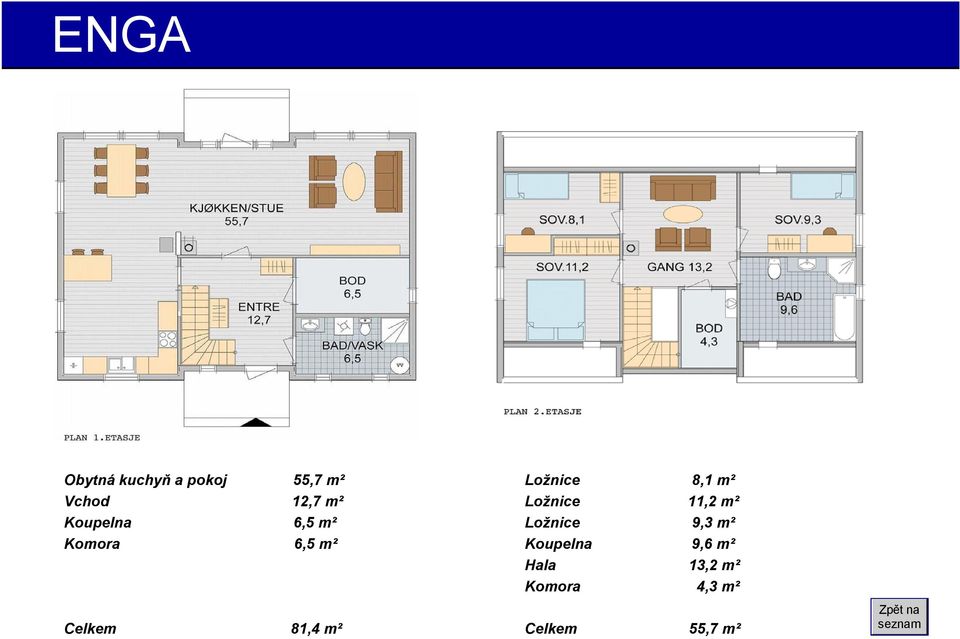 8,1 m² Ložnice 11,2 m² Ložnice 9,3 m² Koupelna 9,6